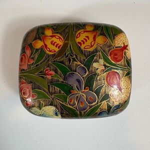 Vintage Kashmiri Paper Mache Trinket Box Hand Painted Floral India